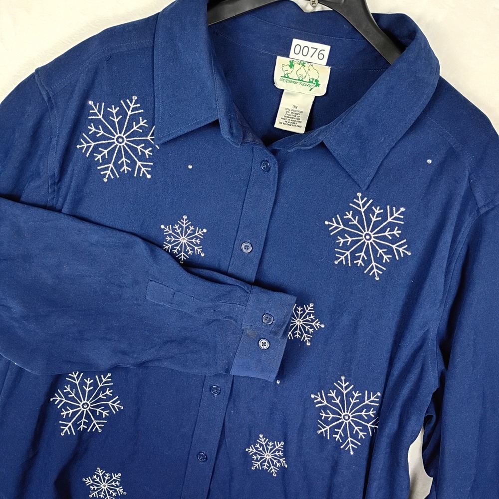 Quacker Factory Navy Blue Snowflake Embroidered Rhinestone Button Up Shirt‎ 3X